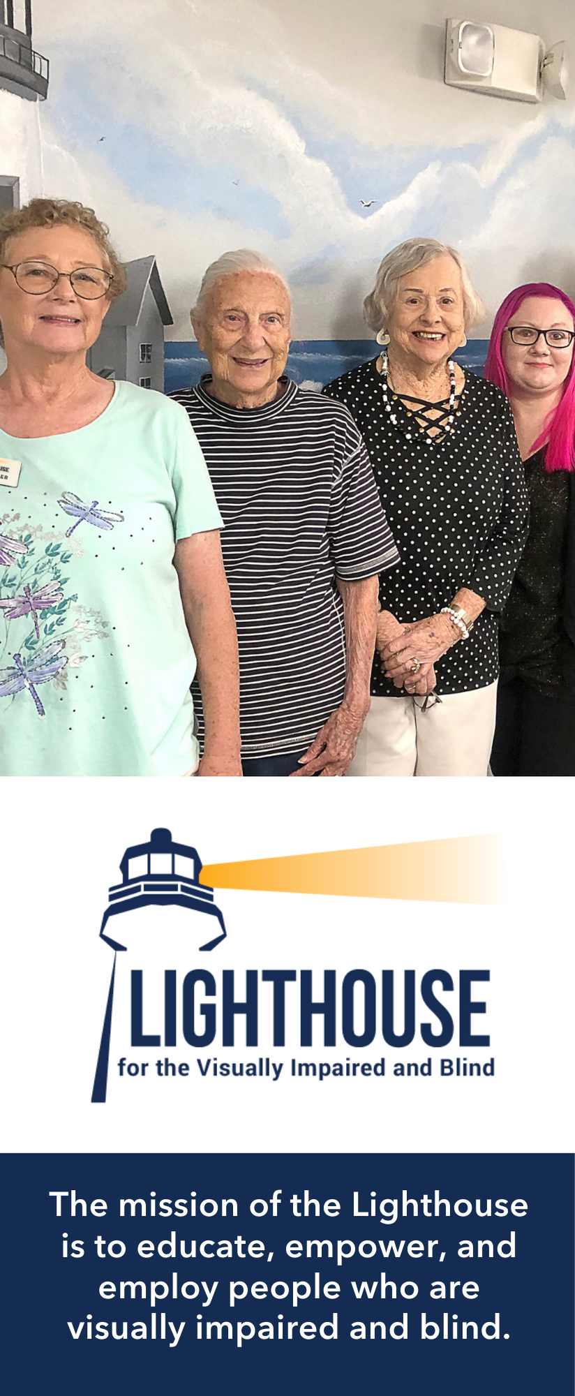 Cover page of the LVIB brochure with a client, 2 staff members, the Lighthouse logo and the mission statement